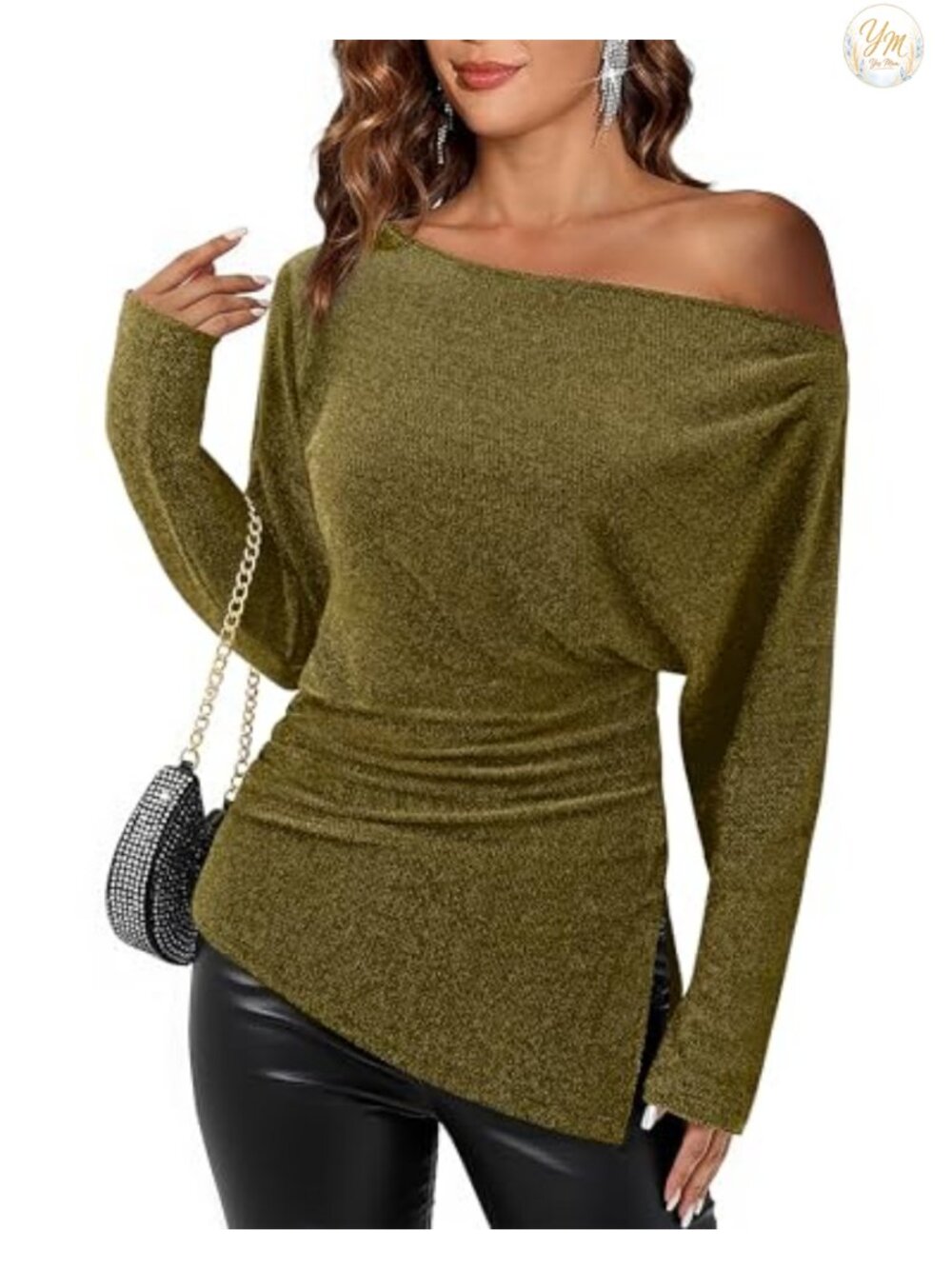 Off The Shoulder Long Sleeve Ruched Glitter Blouse Dressy Party Top